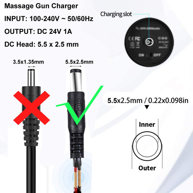 Massage Gun Charger Output: DC 24V 1A Support 25.2V Massage Gun Power Cord